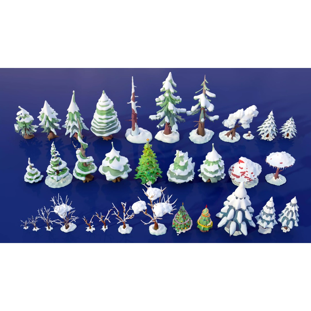 Stylized Winter Tree and Bush 3D Model – Low Poly Game Asset, FBX - View 30
