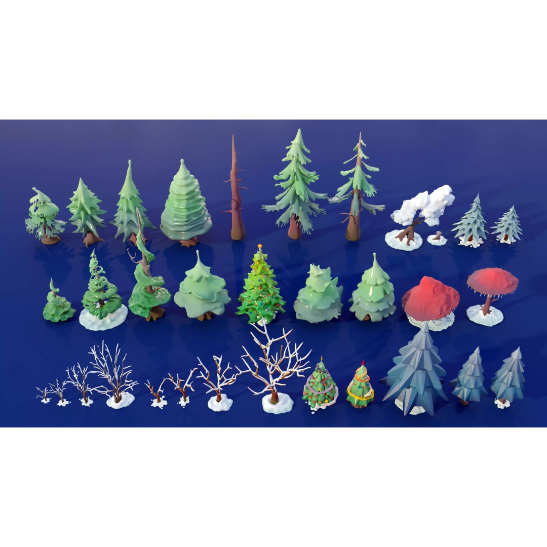 Stylized Winter Tree and Bush 3D Model – Low Poly Game Asset, FBX - View 31