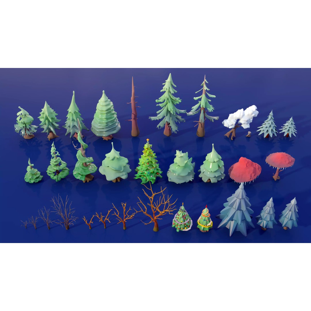 Stylized Winter Tree and Bush 3D Model – Low Poly Game Asset, FBX - View 32