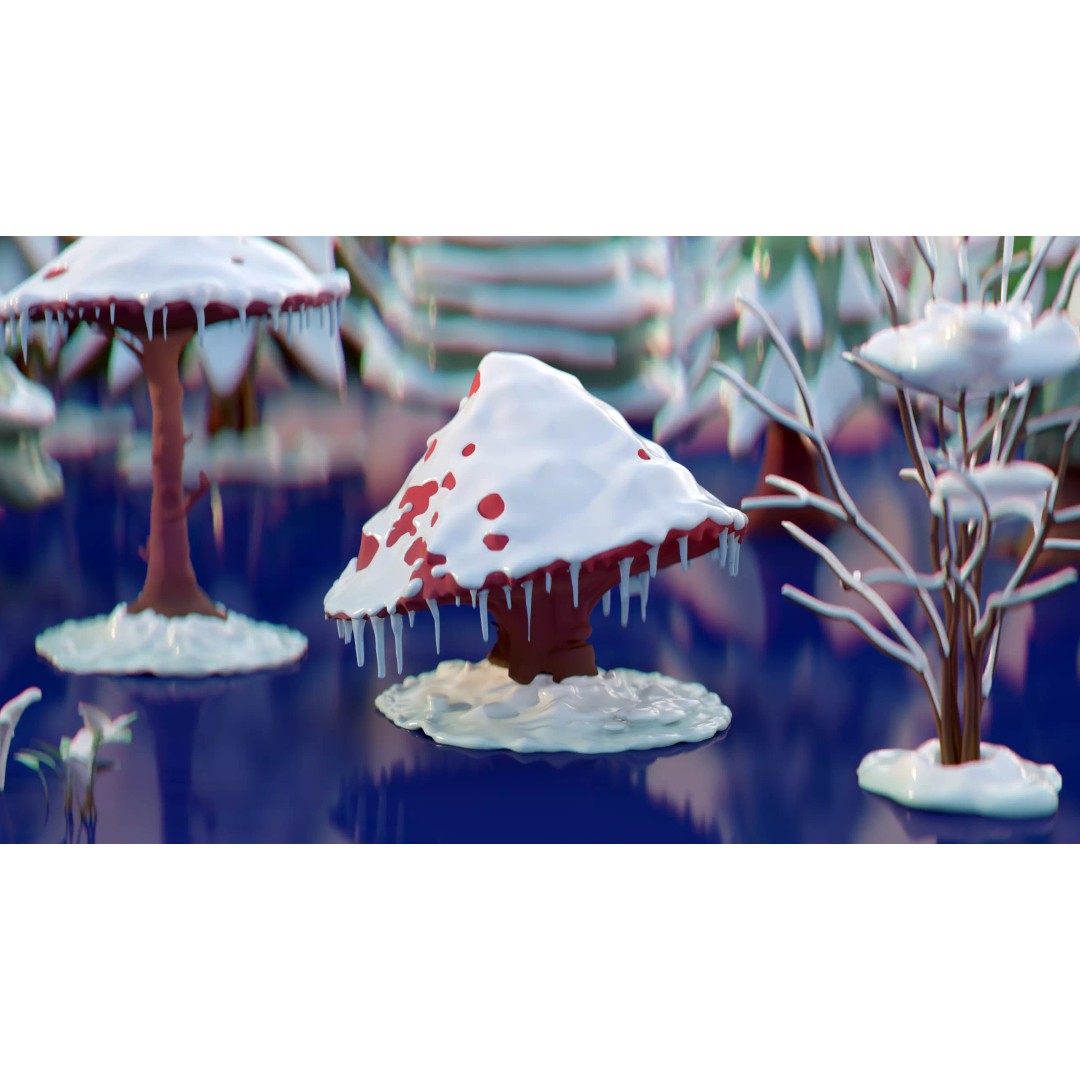 Stylized Winter Tree and Bush 3D Model – Low Poly Game Asset, FBX - View 4