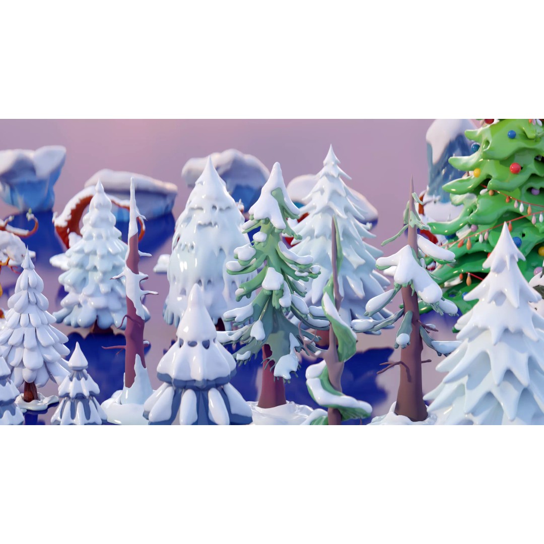 Stylized Winter Tree and Bush 3D Model – Low Poly Game Asset, FBX - View 5