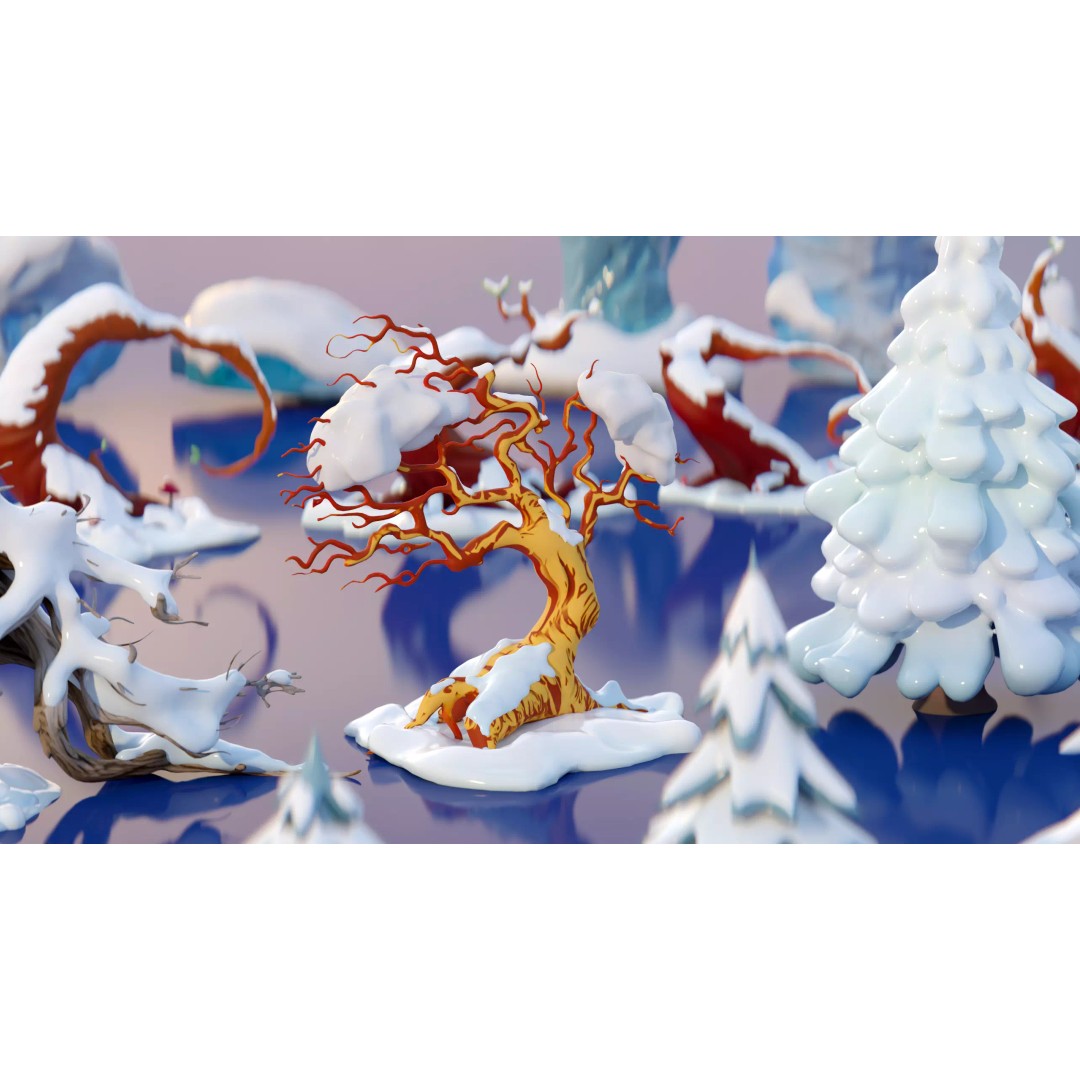 Stylized Winter Tree and Bush 3D Model – Low Poly Game Asset, FBX - View 6
