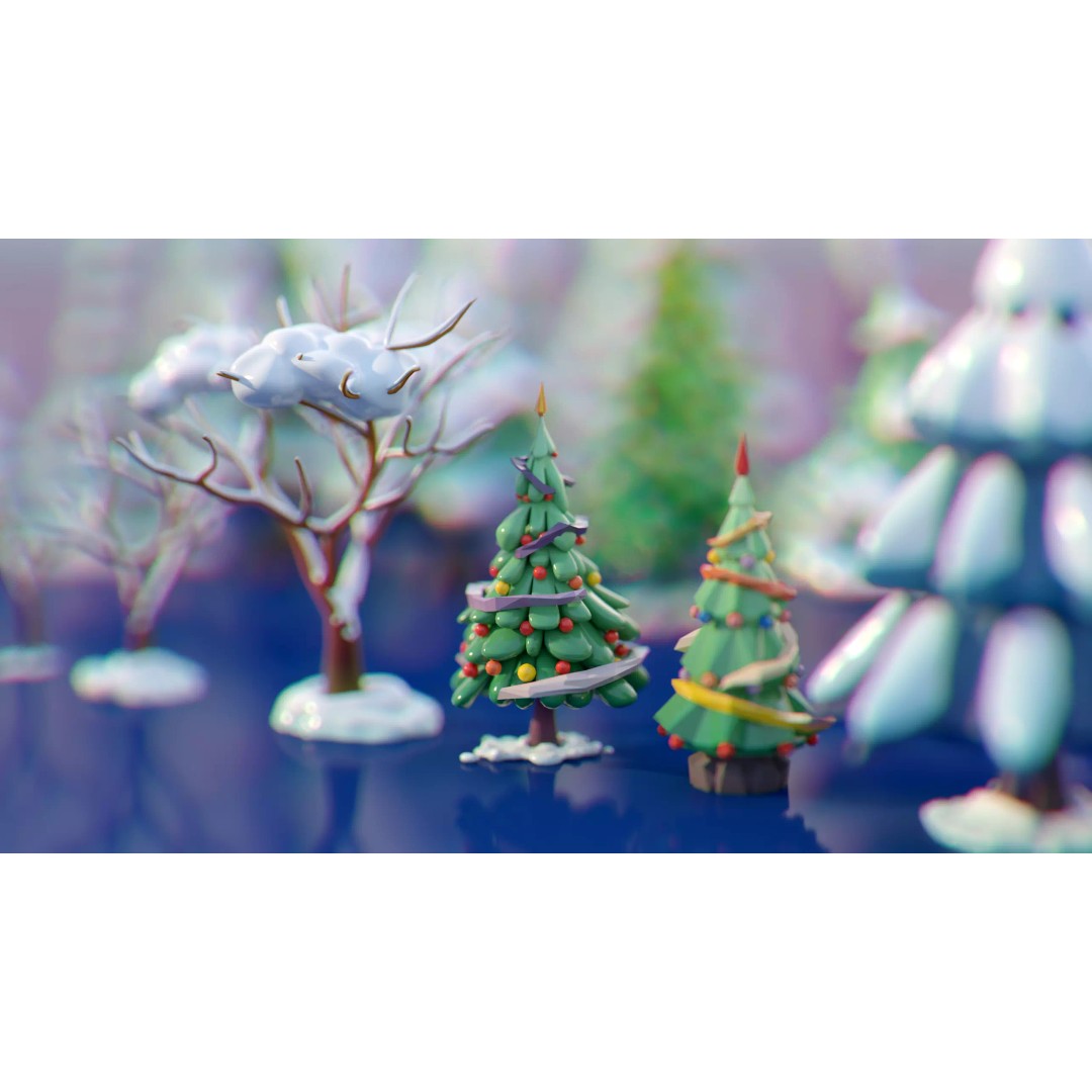 Stylized Winter Tree and Bush 3D Model – Low Poly Game Asset, FBX - View 8