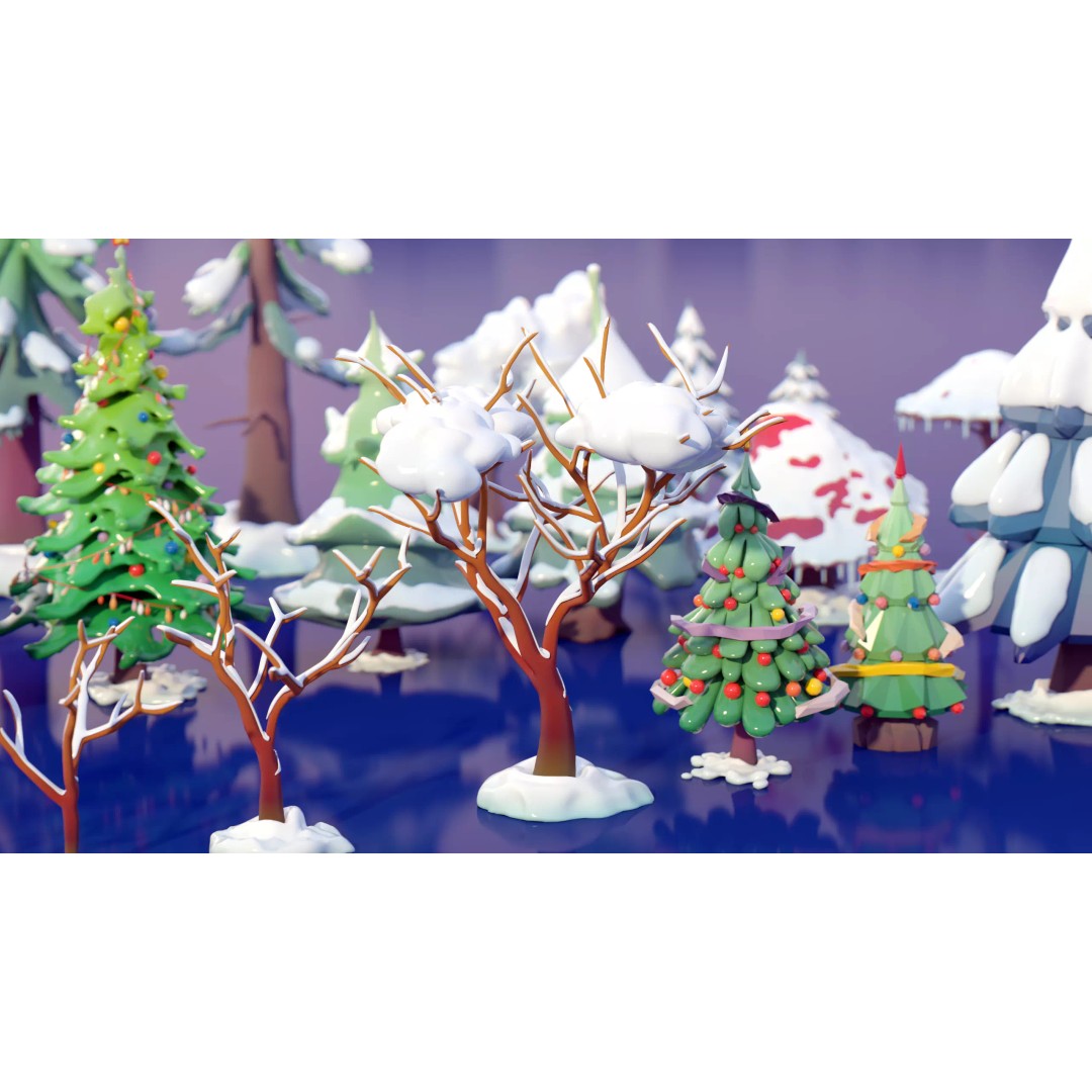 Stylized Winter Tree and Bush 3D Model – Low Poly Game Asset, FBX - View 9