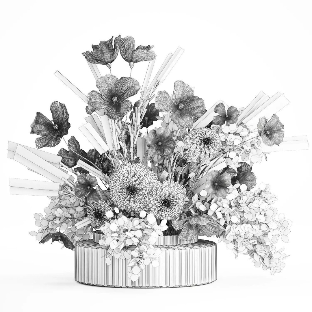 Realistic Poppy and Lavender 3D Model – Modern Flower Bouquet in Glass Vase