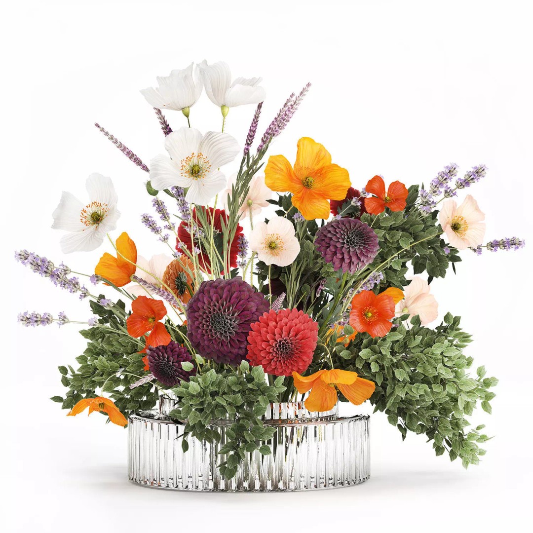 Realistic Poppy and Lavender 3D Model – Modern Flower Bouquet in Glass Vase - View 10