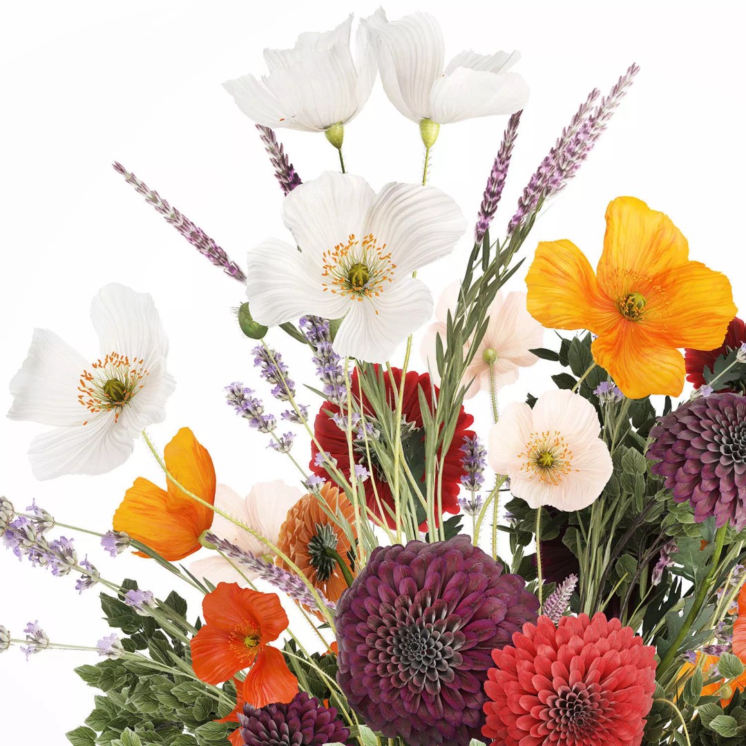 Realistic Poppy and Lavender 3D Model – Modern Flower Bouquet in Glass Vase - View 11