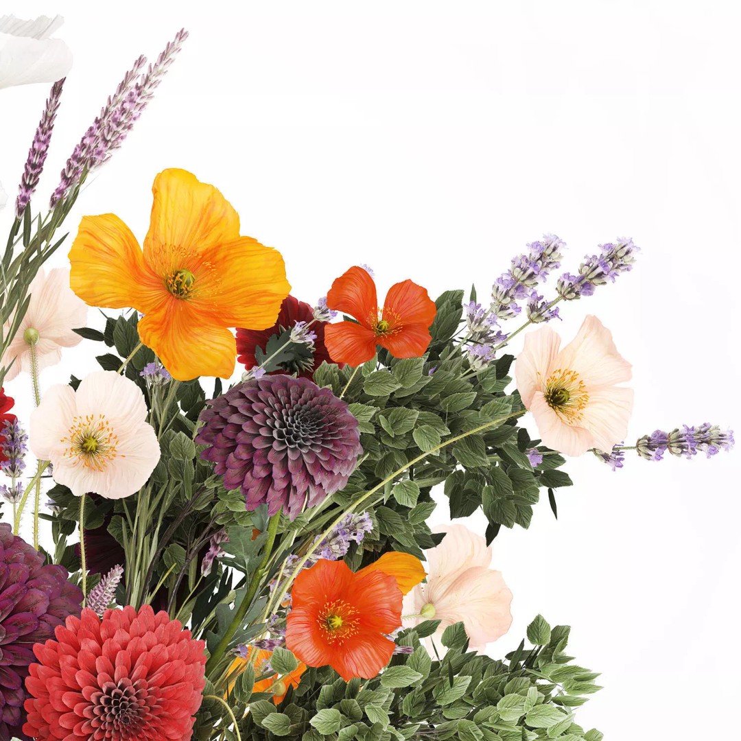 Realistic Poppy and Lavender 3D Model – Modern Flower Bouquet in Glass Vase - View 12