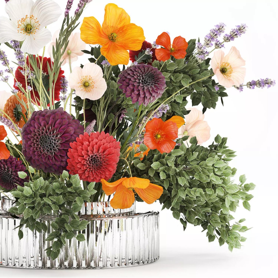 Realistic Poppy and Lavender 3D Model – Modern Flower Bouquet in Glass Vase - View 13