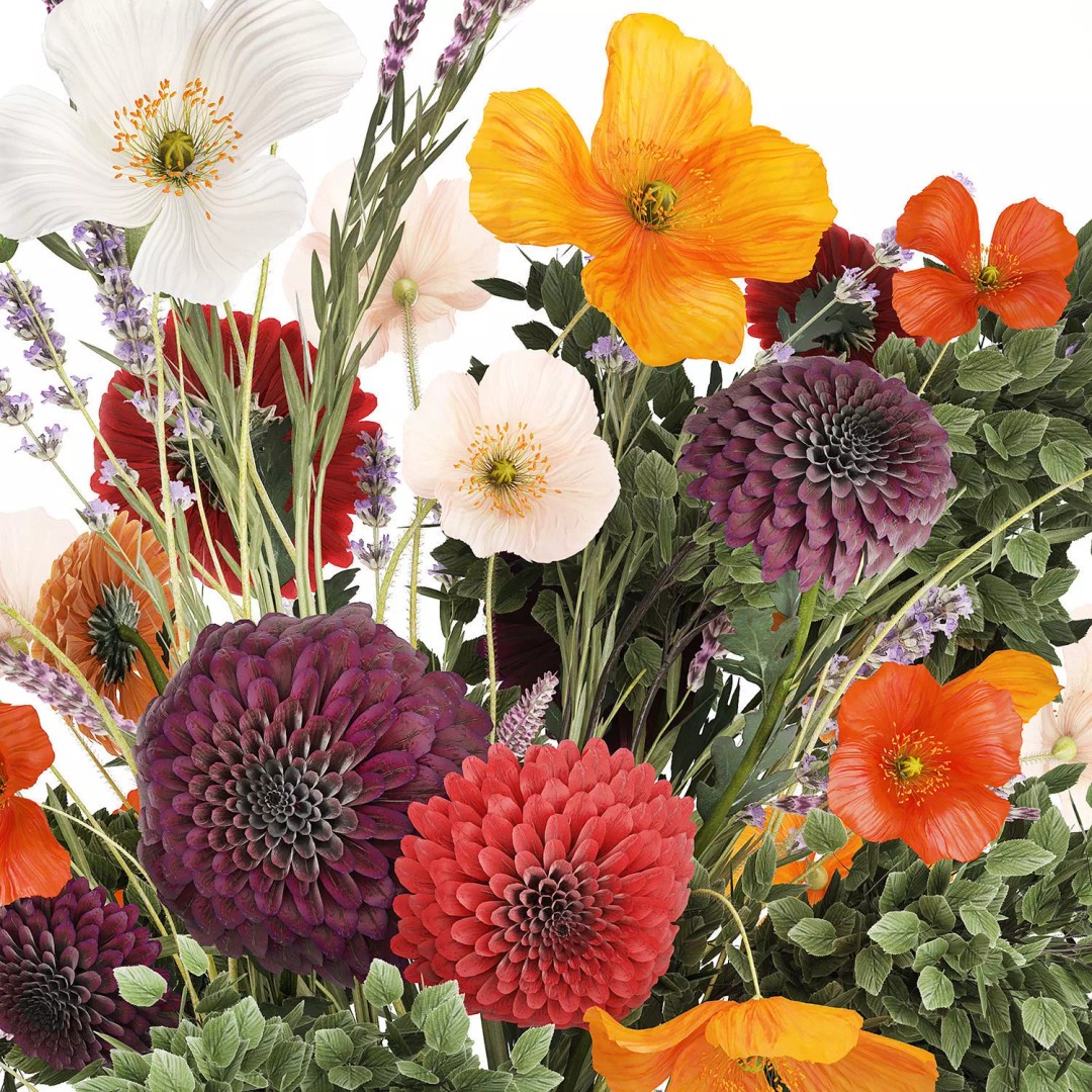 Realistic Poppy and Lavender 3D Model – Modern Flower Bouquet in Glass Vase - View 14