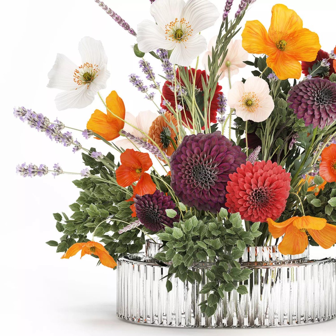 Realistic Poppy and Lavender 3D Model – Modern Flower Bouquet in Glass Vase - View 15
