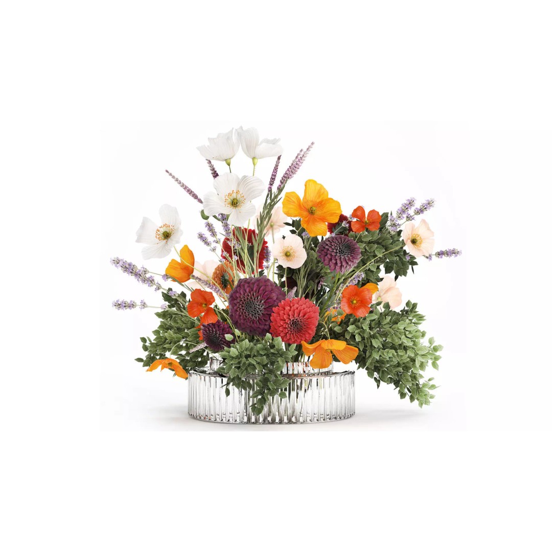 Realistic Poppy and Lavender 3D Model – Modern Flower Bouquet in Glass Vase - View 2
