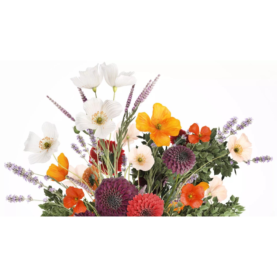 Realistic Poppy and Lavender 3D Model – Modern Flower Bouquet in Glass Vase - View 3