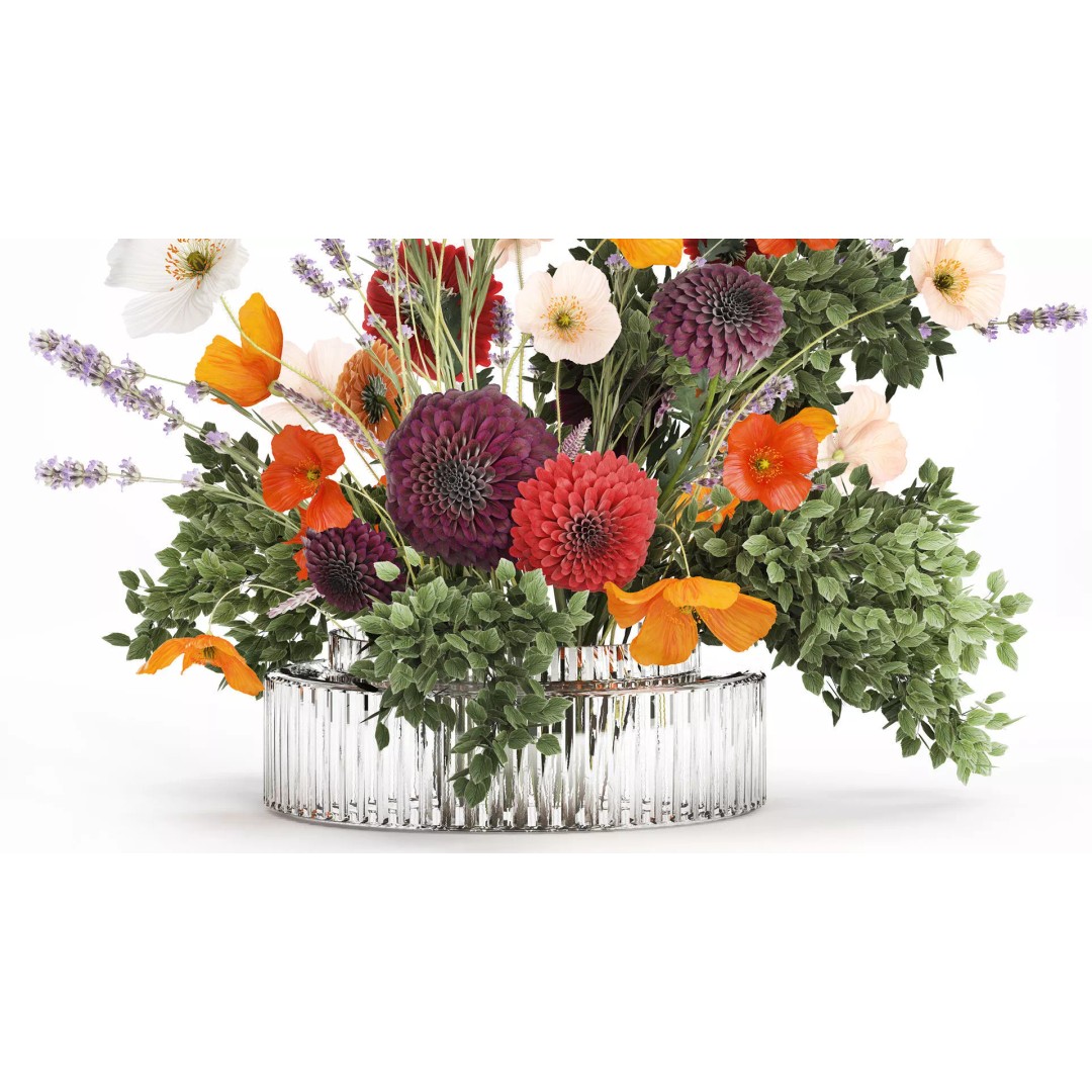 Realistic Poppy and Lavender 3D Model – Modern Flower Bouquet in Glass Vase - View 4
