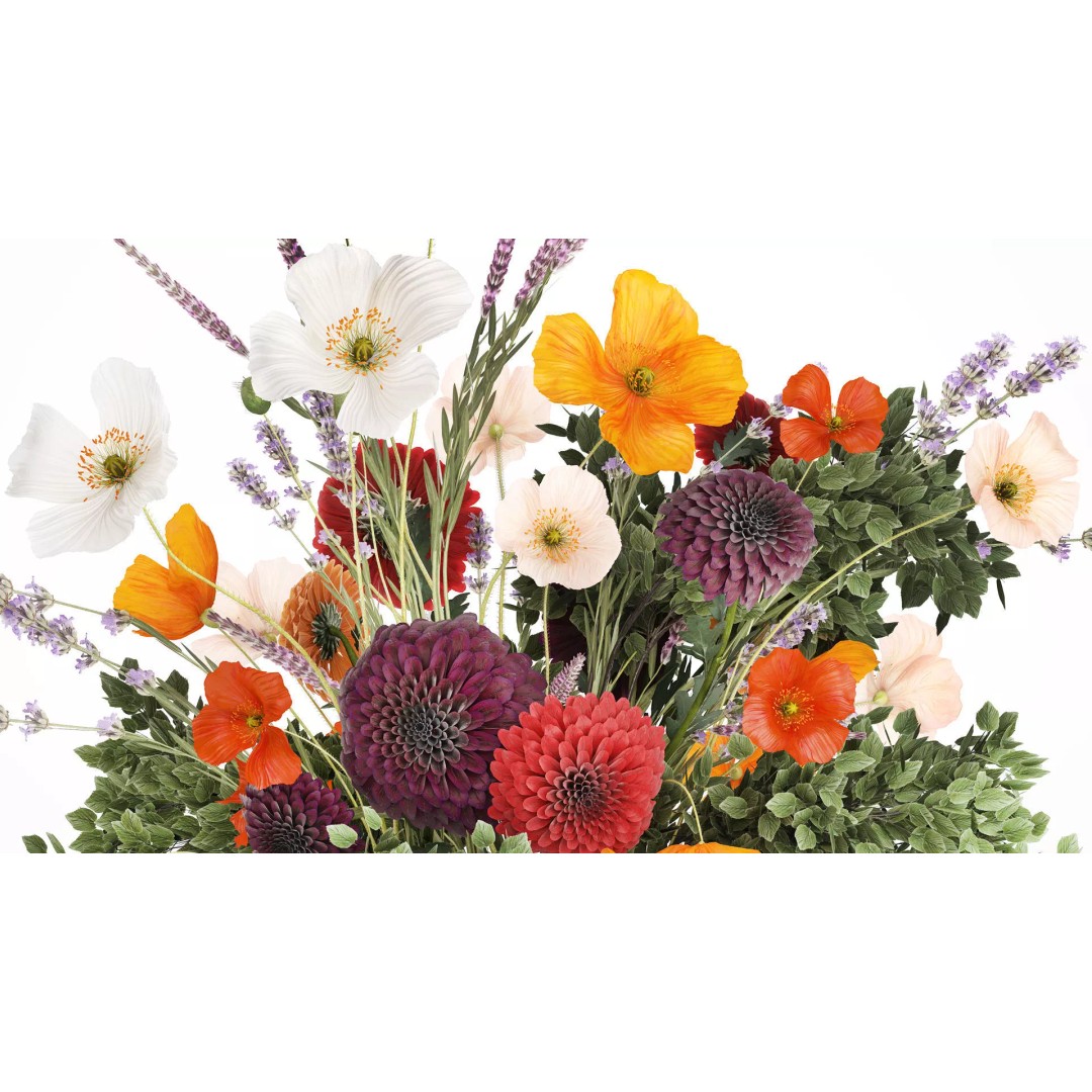 Realistic Poppy and Lavender 3D Model – Modern Flower Bouquet in Glass Vase - View 5