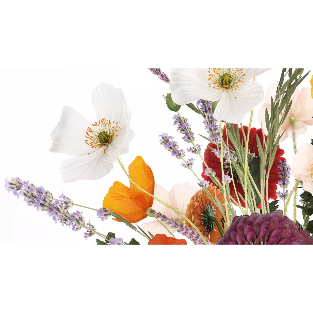 Realistic Poppy and Lavender 3D Model – Modern Flower Bouquet in Glass Vase - View 6