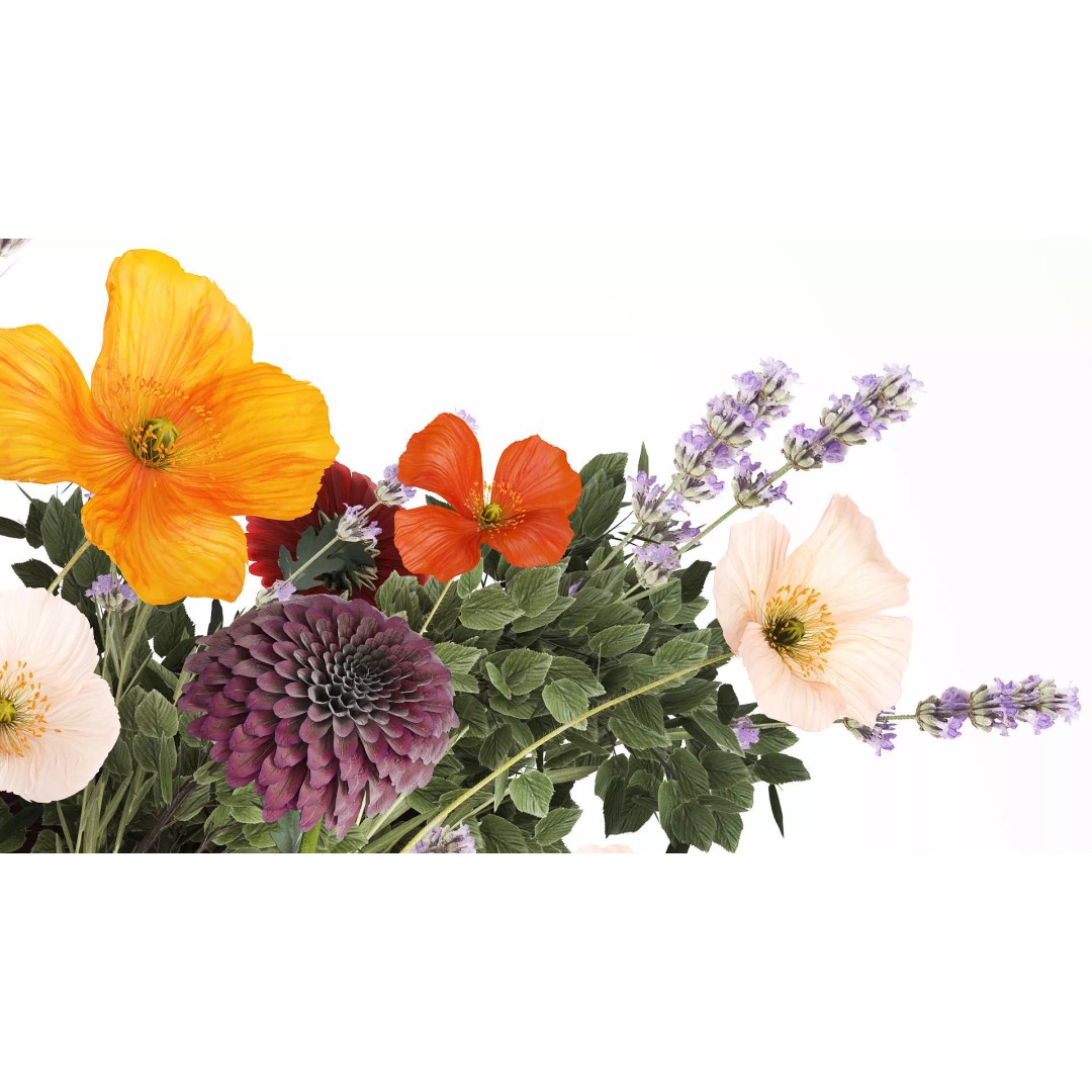 Realistic Poppy and Lavender 3D Model – Modern Flower Bouquet in Glass Vase - View 7