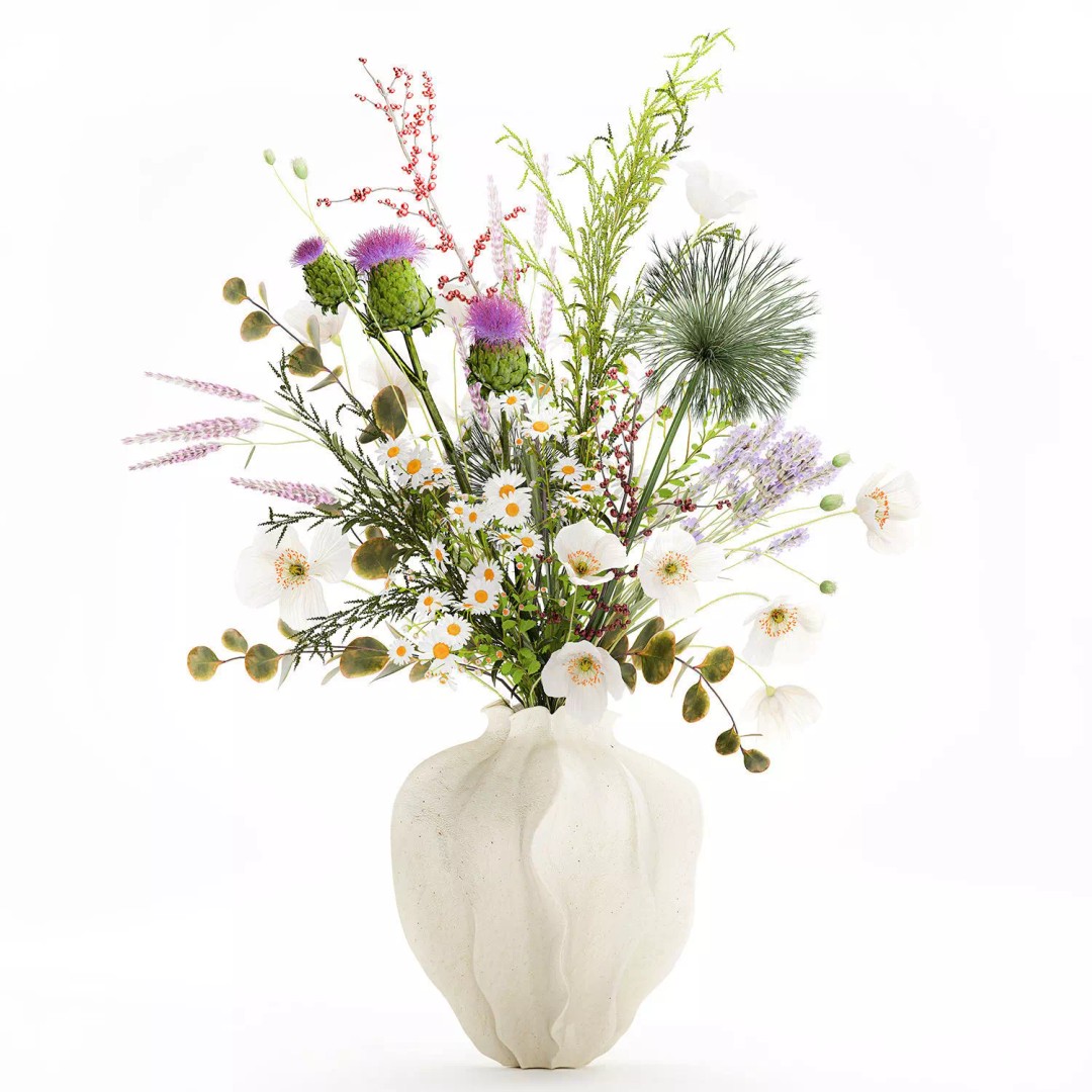 Wildflower Bouquet 3D Model – Modern Ceramic Vase, Game Ready - View 10