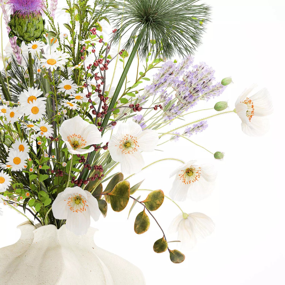 Wildflower Bouquet 3D Model – Modern Ceramic Vase, Game Ready - View 13