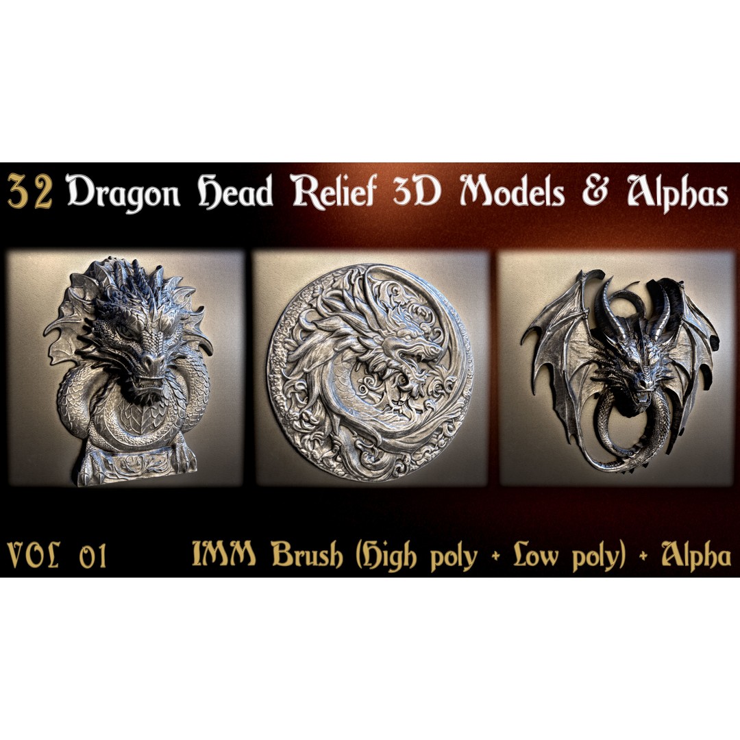 Dragon Head Relief 3D Model – Low Poly Sculptures, OBJ & ZBrush Formats