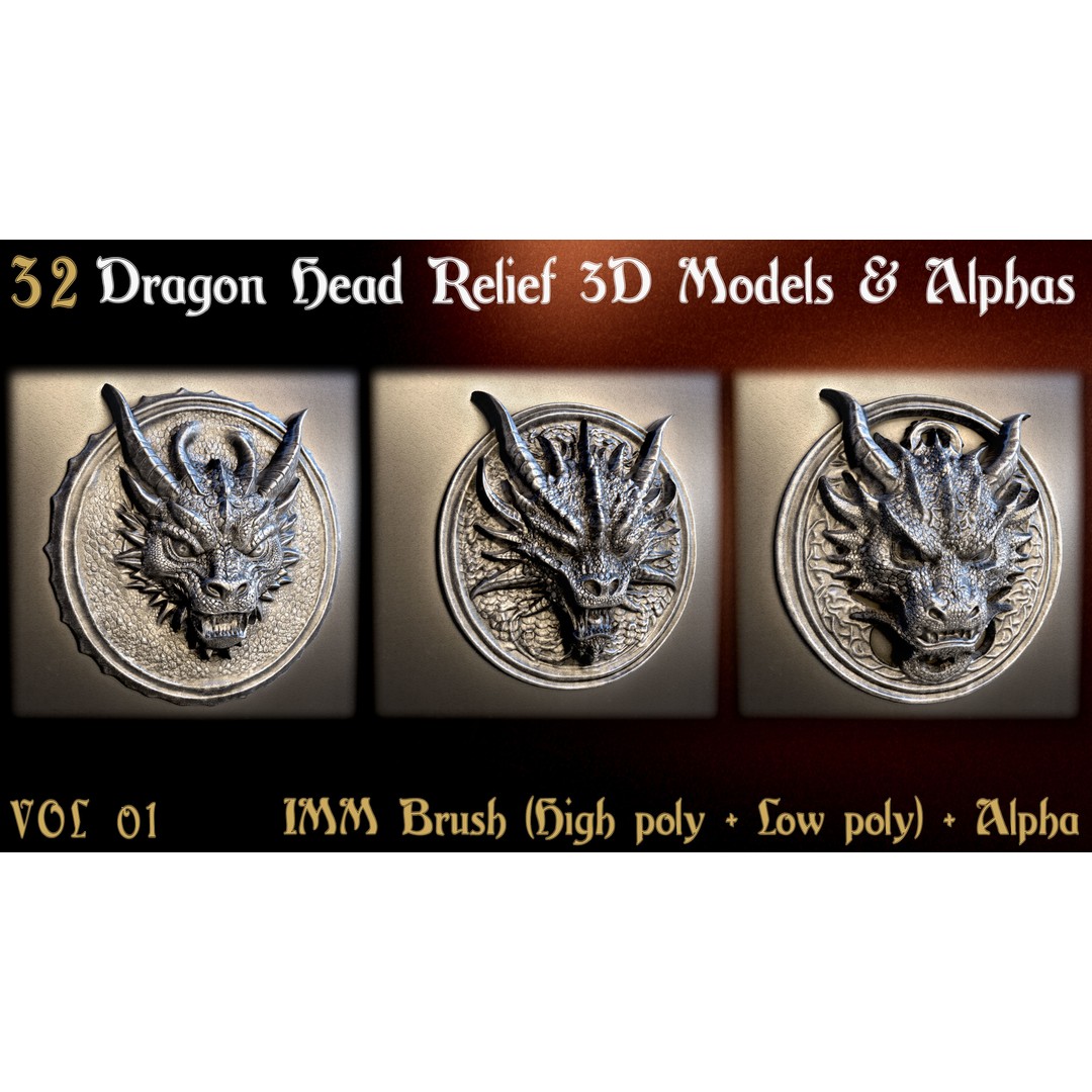 Dragon Head Relief 3D Model – Low Poly Sculptures, OBJ & ZBrush Formats - View 10