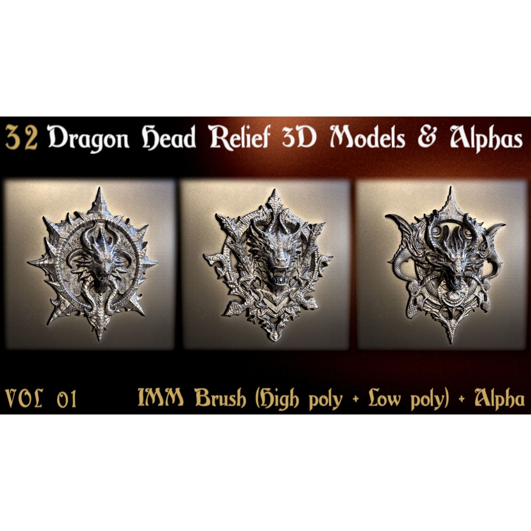 Dragon Head Relief 3D Model – Low Poly Sculptures, OBJ & ZBrush Formats - View 11