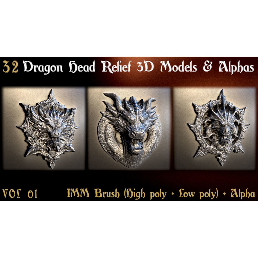 Dragon Head Relief 3D Model – Low Poly Sculptures, OBJ & ZBrush Formats - View 12