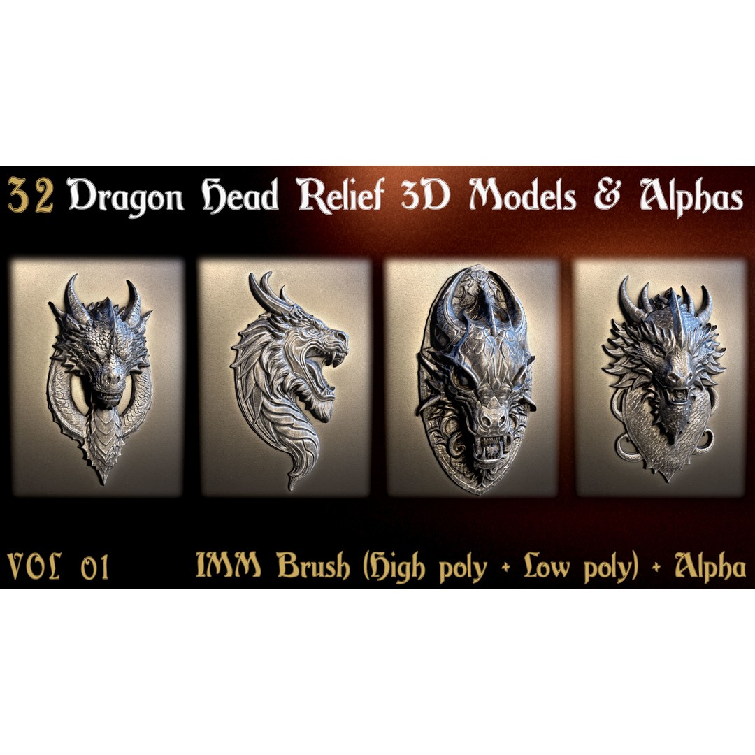 Dragon Head Relief 3D Model – Low Poly Sculptures, OBJ & ZBrush Formats - View 13