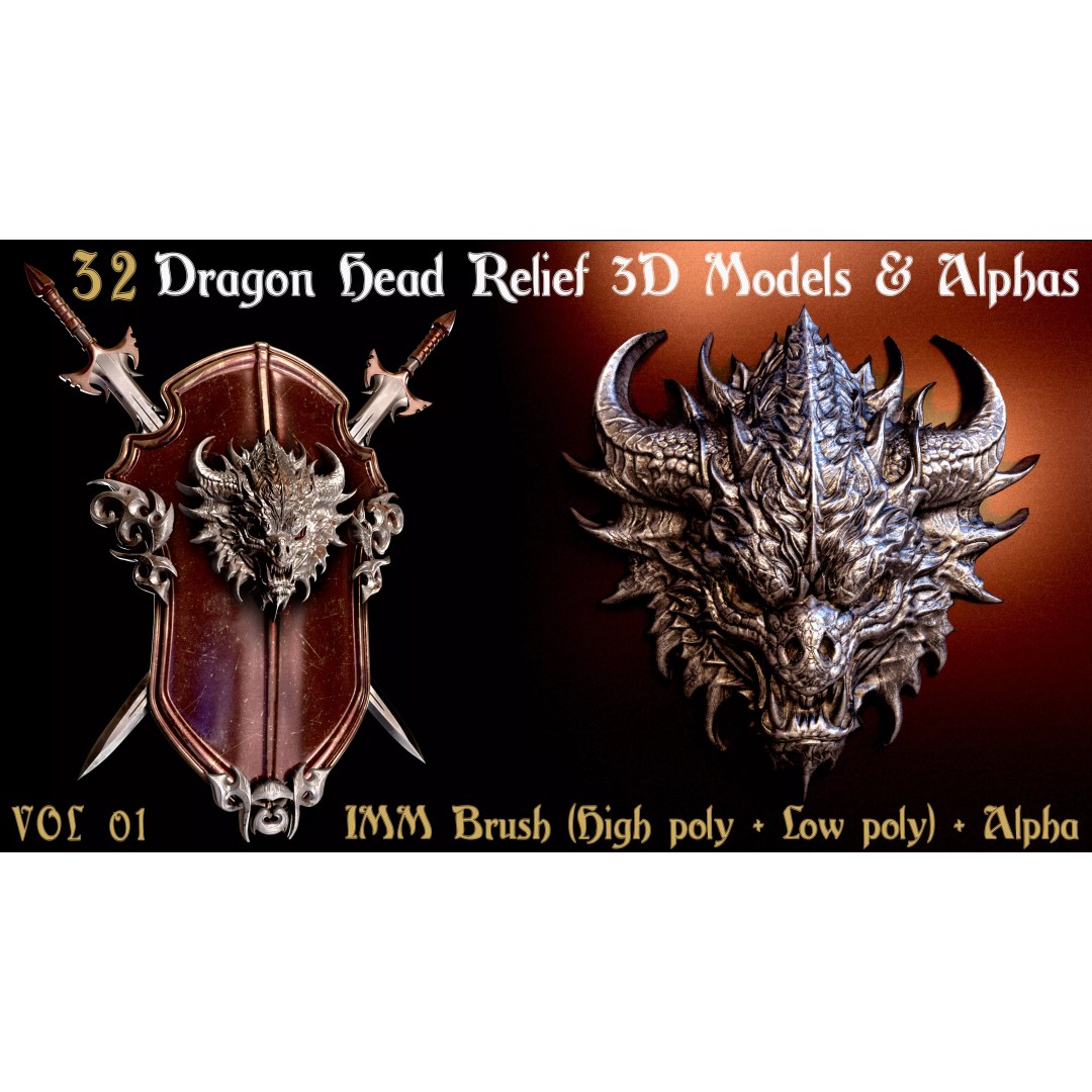 Dragon Head Relief 3D Model – Low Poly Sculptures, OBJ & ZBrush Formats - View 2