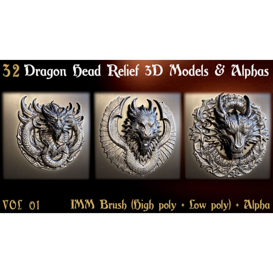 Dragon Head Relief 3D Model – Low Poly Sculptures, OBJ & ZBrush Formats - View 3