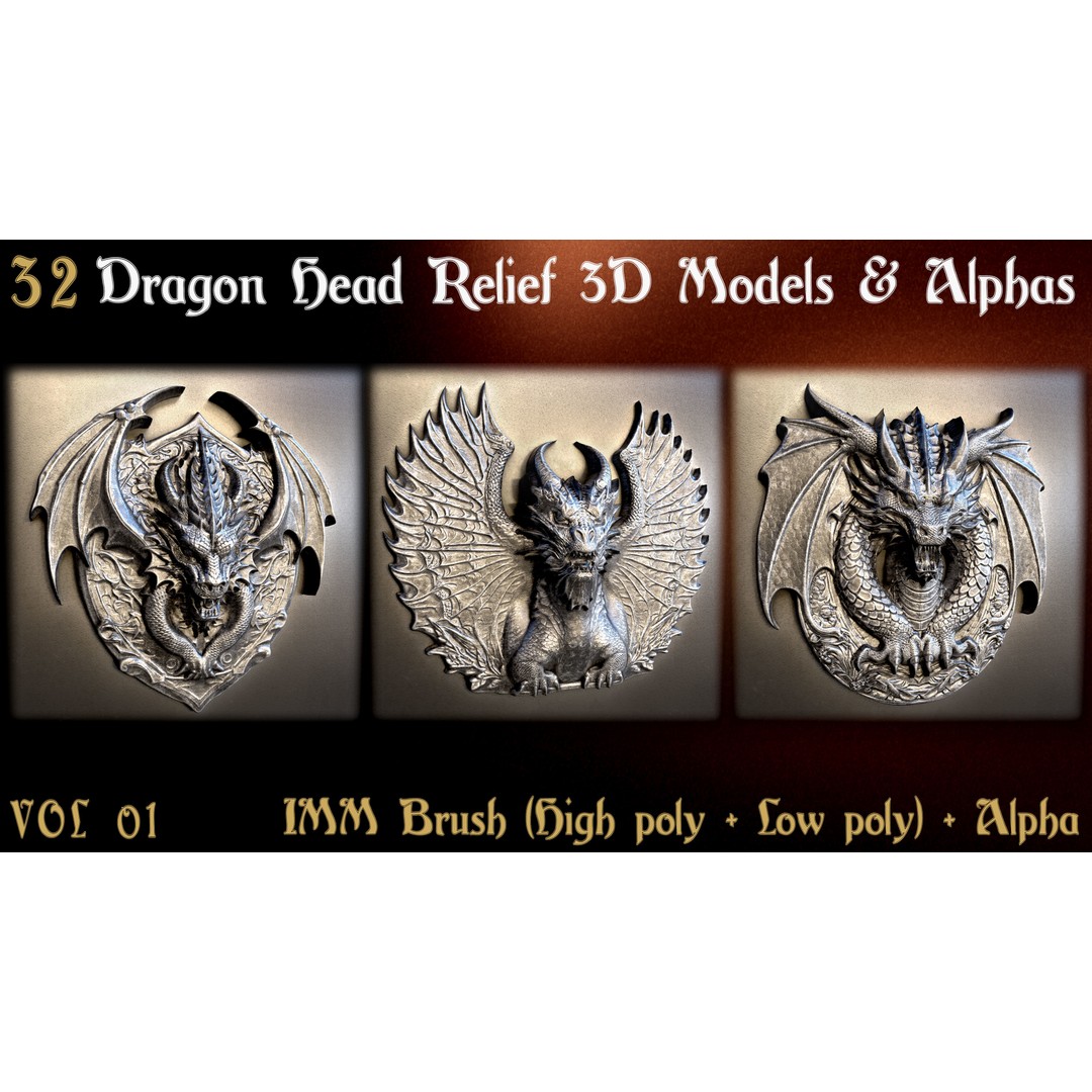 Dragon Head Relief 3D Model – Low Poly Sculptures, OBJ & ZBrush Formats - View 4