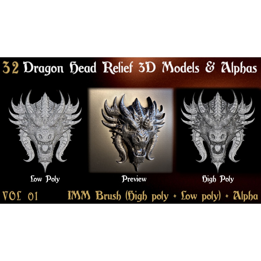 Dragon Head Relief 3D Model – Low Poly Sculptures, OBJ & ZBrush Formats - View 5