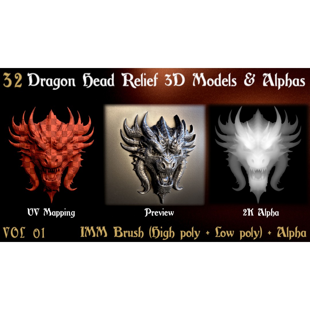 Dragon Head Relief 3D Model – Low Poly Sculptures, OBJ & ZBrush Formats - View 6