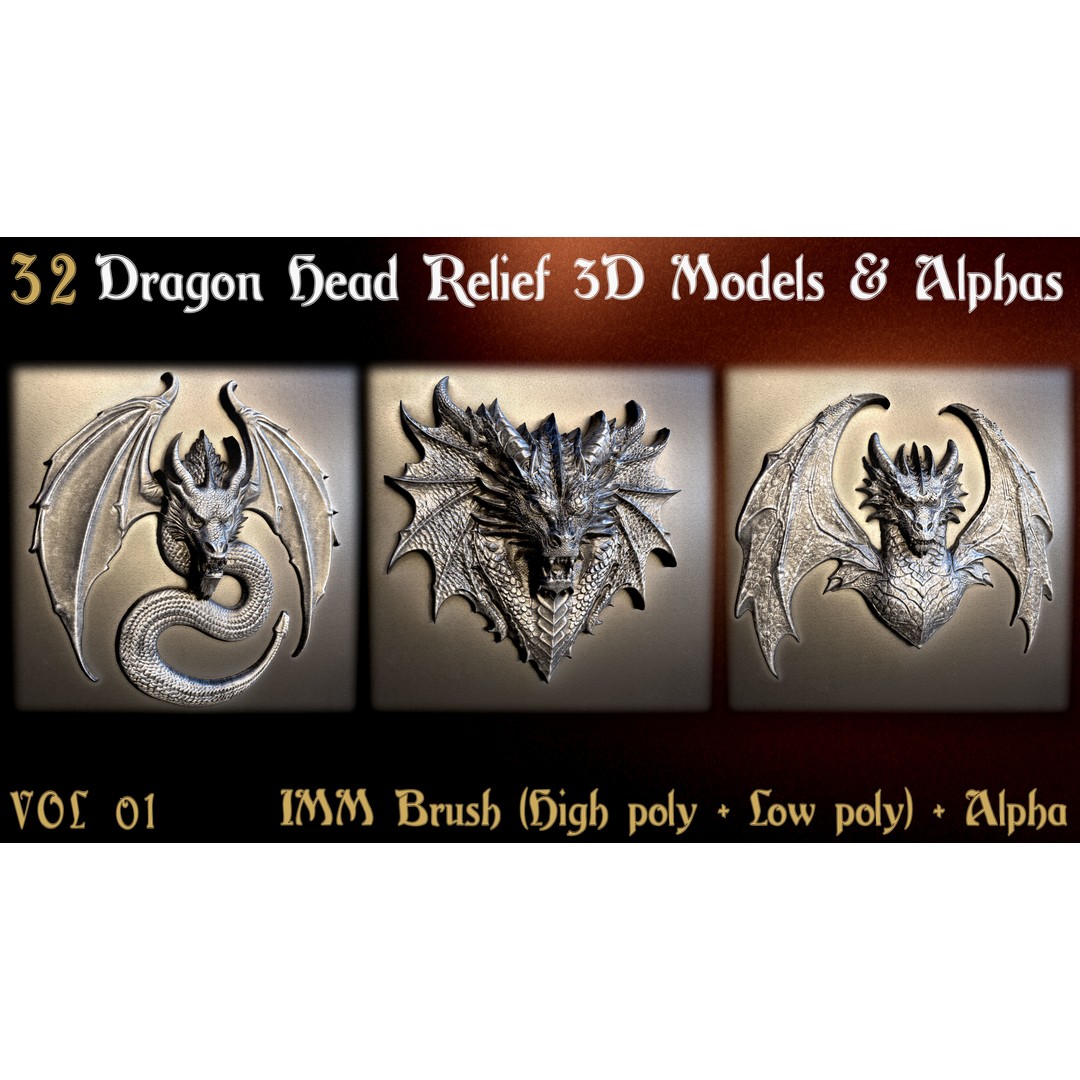 Dragon Head Relief 3D Model – Low Poly Sculptures, OBJ & ZBrush Formats - View 7