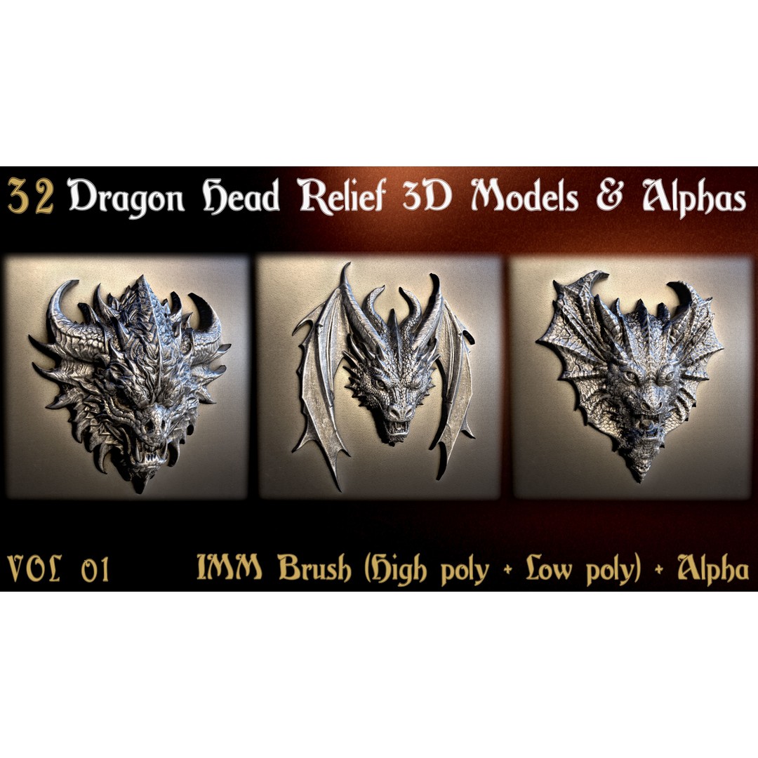 Dragon Head Relief 3D Model – Low Poly Sculptures, OBJ & ZBrush Formats - View 8