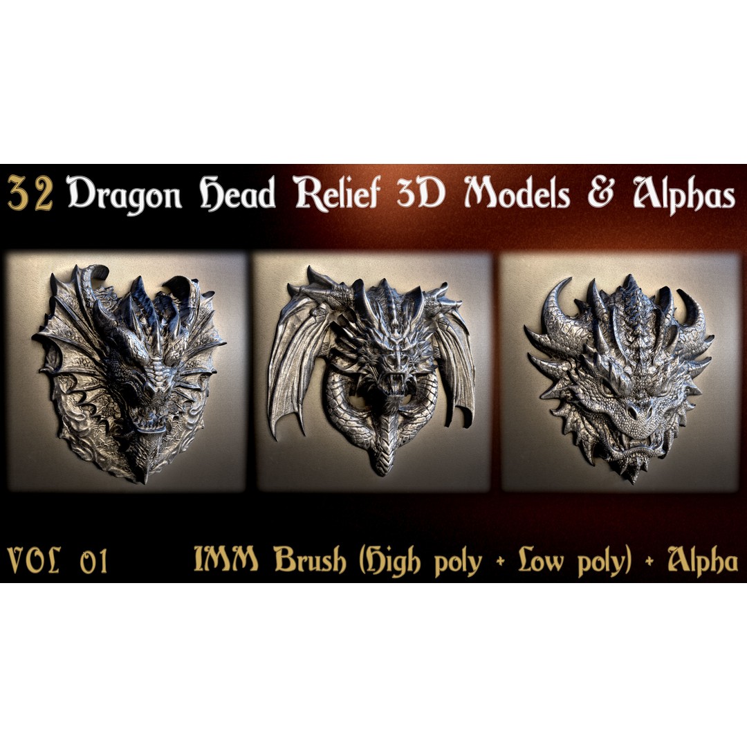 Dragon Head Relief 3D Model – Low Poly Sculptures, OBJ & ZBrush Formats - View 9