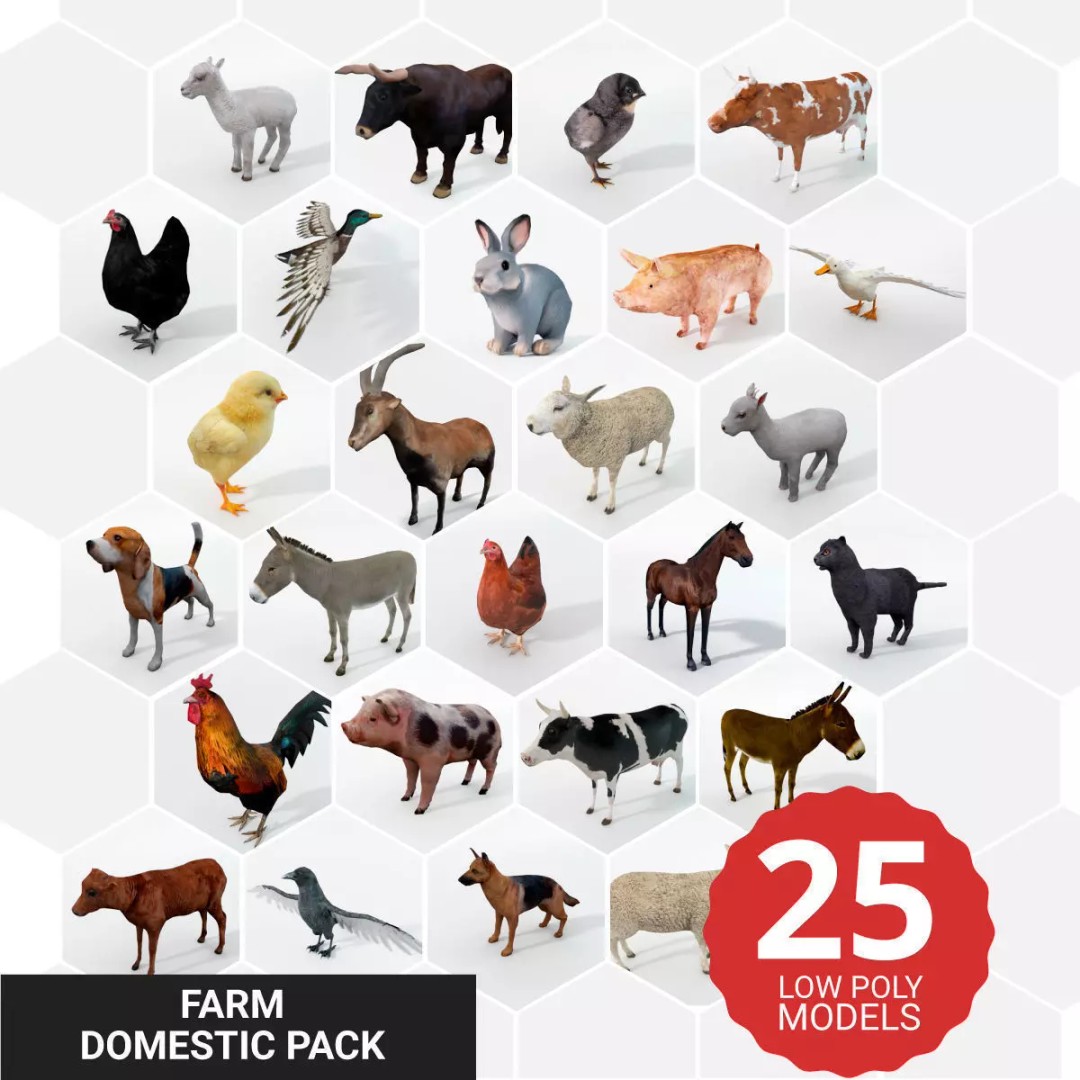 25 Farm Animal 3D Model – Low Poly Collection, FBX, OBJ, Game Ready - View 2