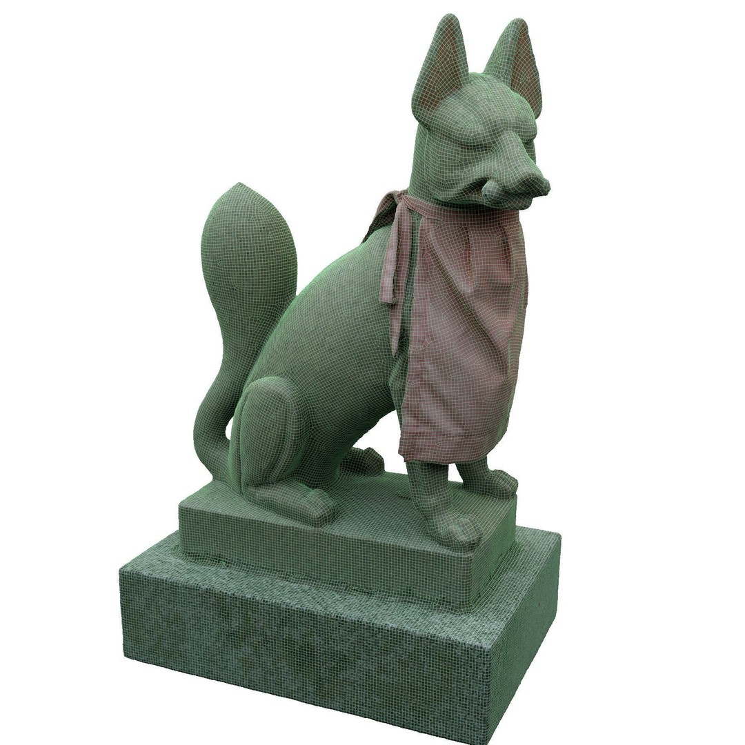 Fox Statue 3D Model – Shinto Shrine Sculpture, PBR Textures