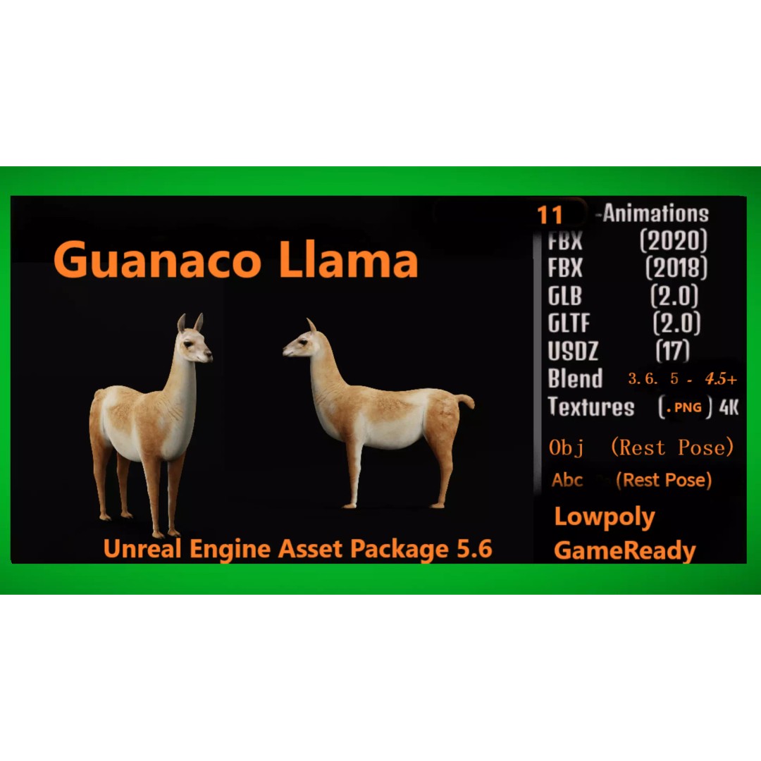 Guanaco Llama 3D Model – Low Poly Game Ready Asset, FBX, PBR - View 3