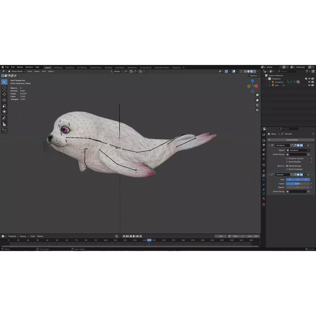 Harp Seal 3D Model – Low Poly Rigged Animal for Animation - View 21