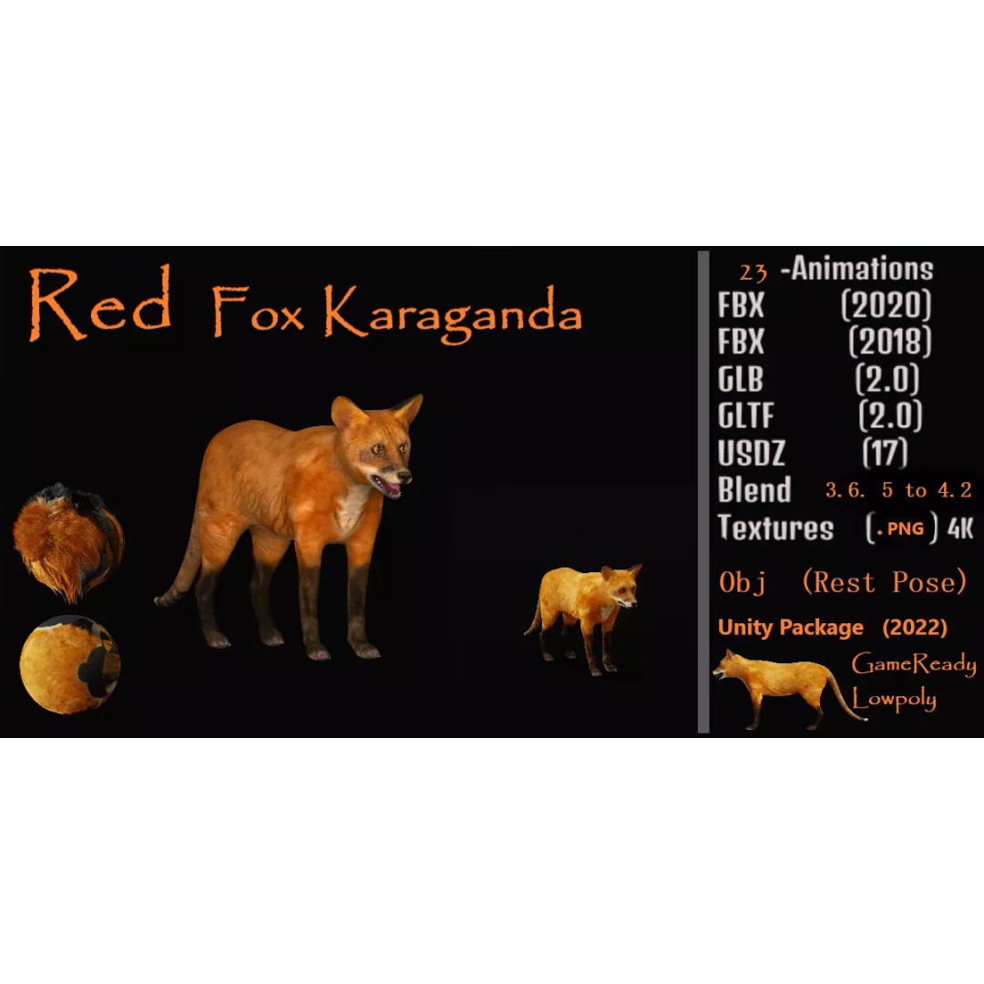 Red Fox 3D Model – Low Poly Game Ready Character with Animations - View 2