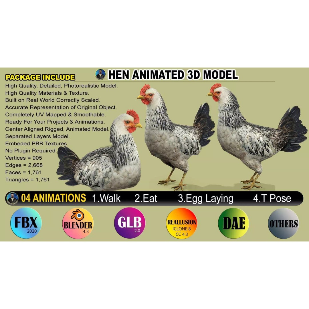 Hen 3D Model – Low Poly Rigged Animated Character, FBX, OBJ - View 2