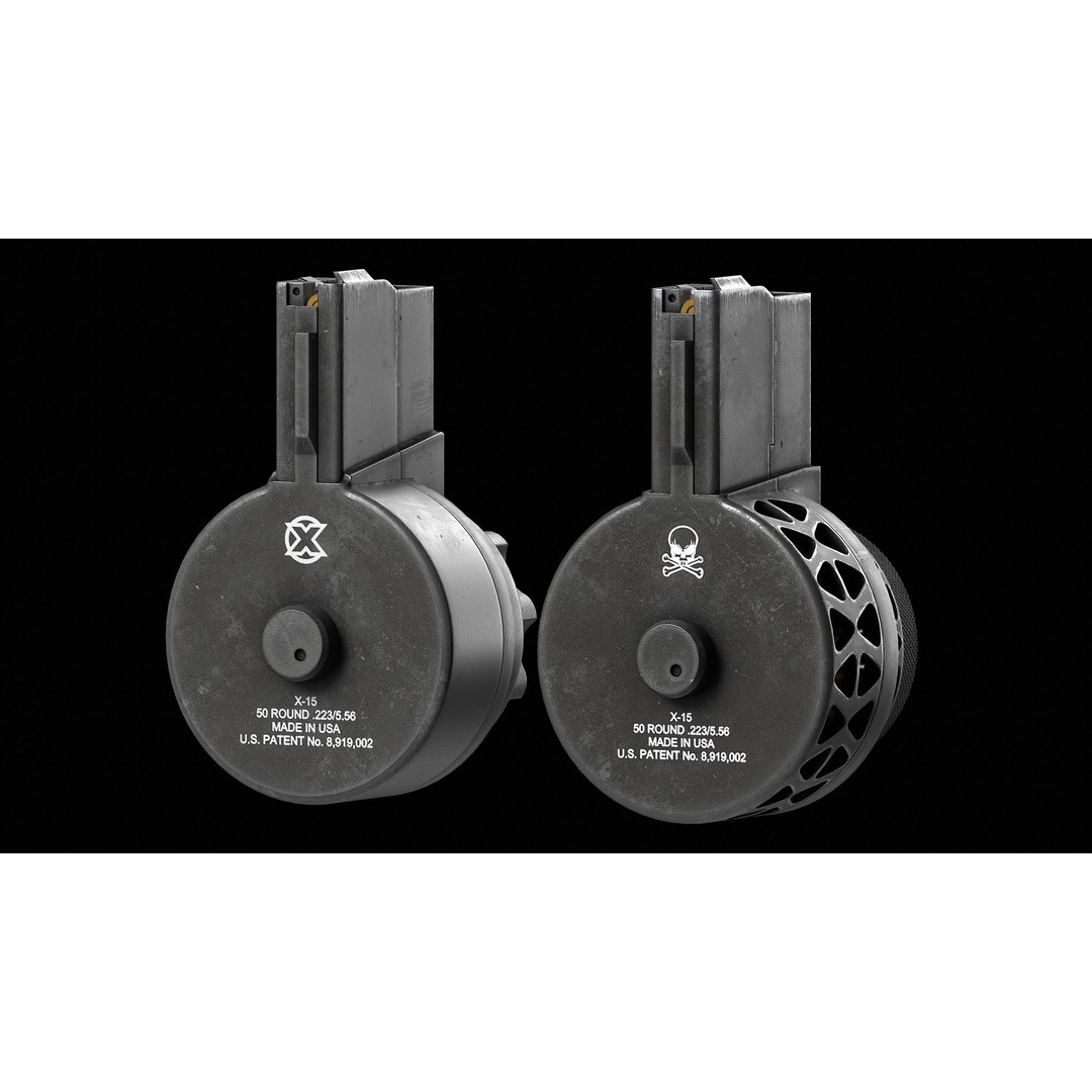 X Products X-15 50 Round Drum Magazine 3D Model – Low Poly Game Asset, FBX - View 4