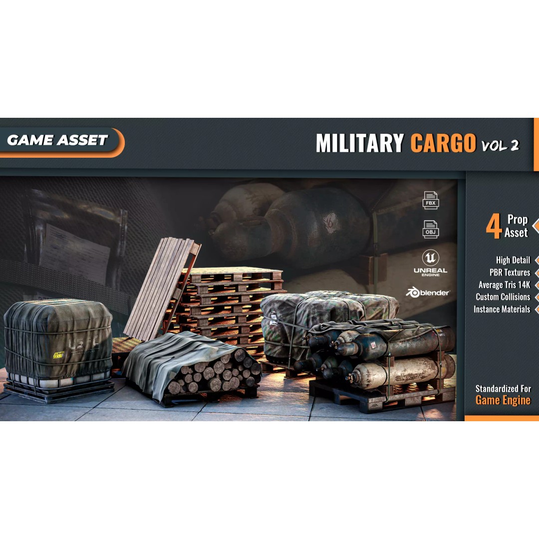 Military Cargo 3D Model – Low Poly Game Asset, FBX, OBJ, PBR - View 2
