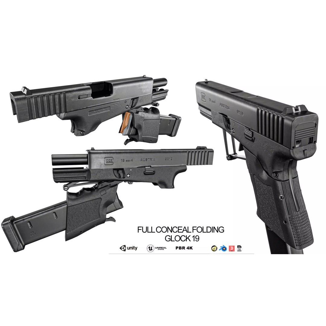 Full Conceal Folding GLOCK 19 3D Model – Low Poly PBR Game Asset, FBX - View 2