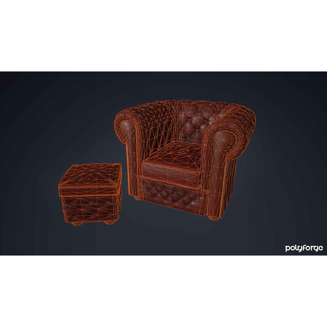 Leather Chesterfield Sofa Set 3D Model – Low Poly Game Ready, FBX