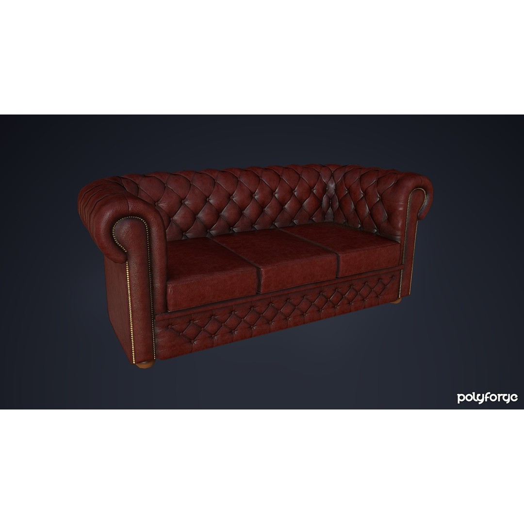 Leather Chesterfield Sofa Set 3D Model – Low Poly Game Ready, FBX - View 11