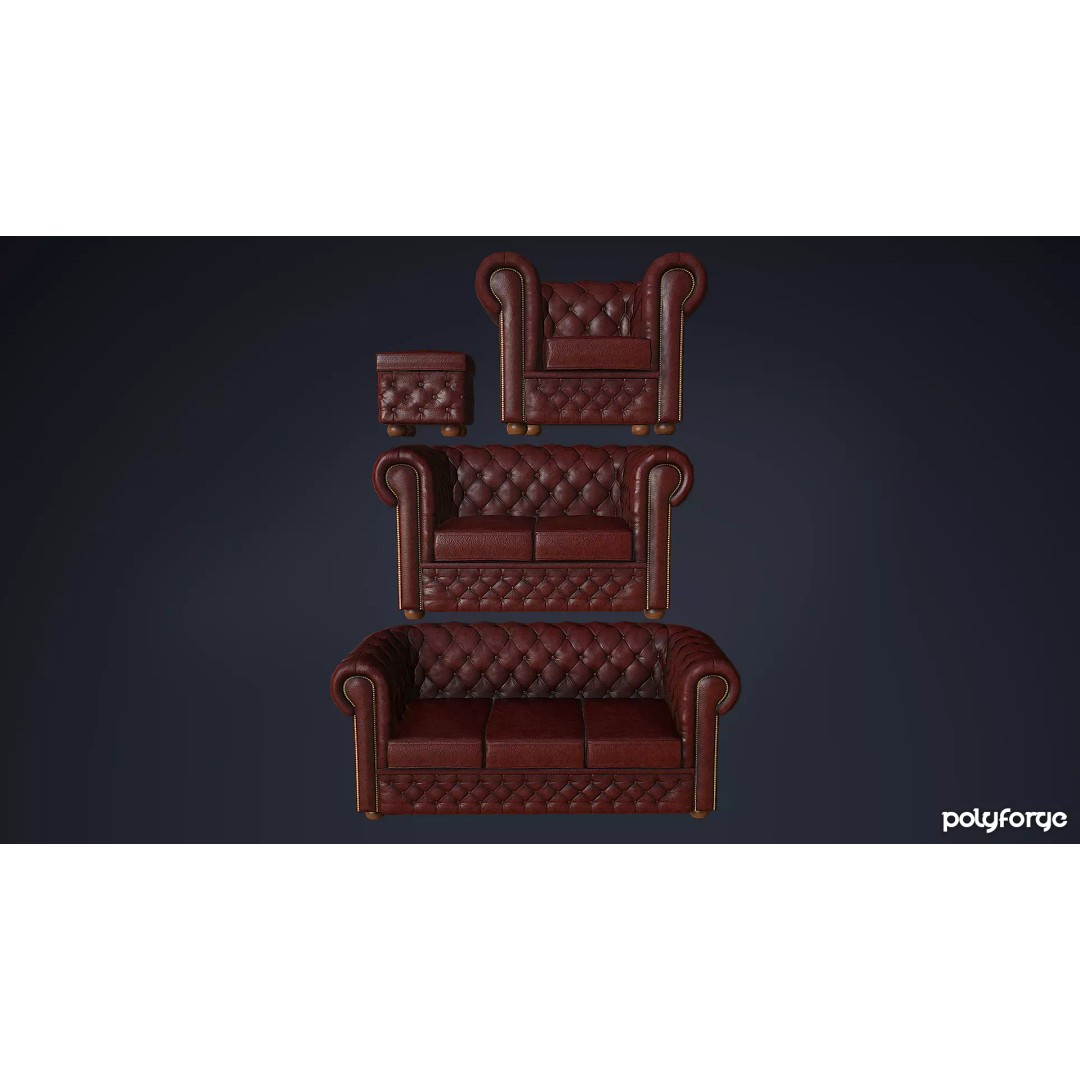 Leather Chesterfield Sofa Set 3D Model – Low Poly Game Ready, FBX - View 2