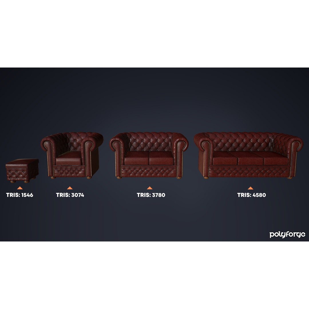 Leather Chesterfield Sofa Set 3D Model – Low Poly Game Ready, FBX - View 3