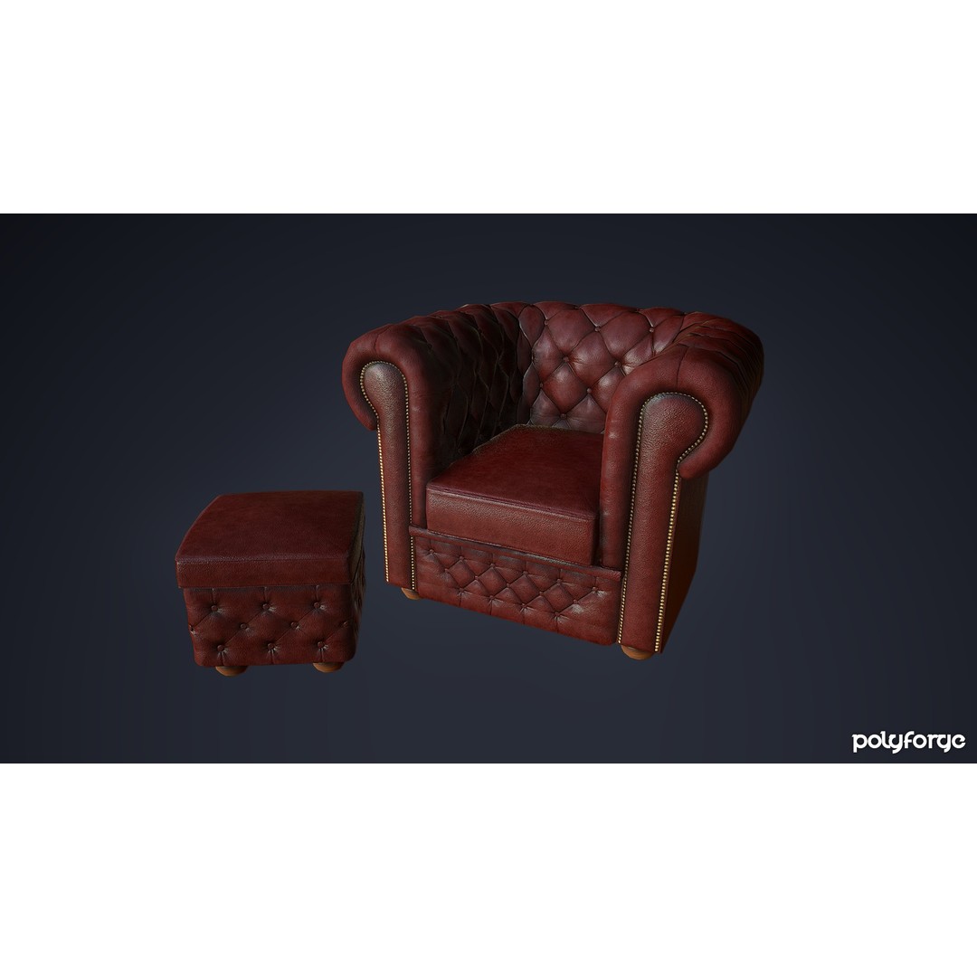 Leather Chesterfield Sofa Set 3D Model – Low Poly Game Ready, FBX - View 4